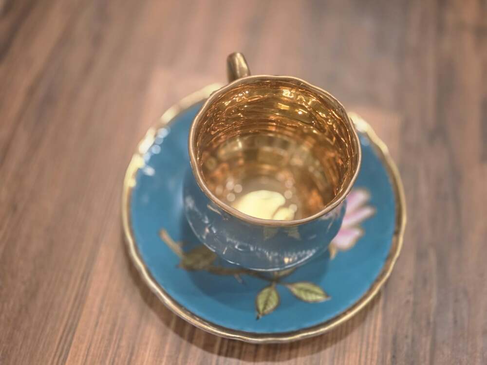 Vtg Japanese Turquoise & Gold Teacup Saucer Set Raised Pink Rose - Picture 6 of 12
